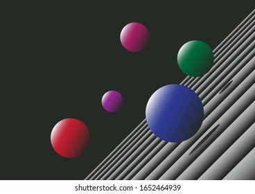 Fondo oscuro abstracto muchas bolas o planetas se elevan en el aire o rebotan o sin gravedad