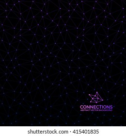 Abstract dark background with many gradient colored triangles with circles on vertexes, dots connected with lines