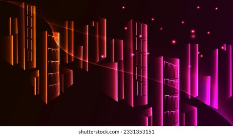 Abstract dark background with neon outline of buildings . Vector illustration
