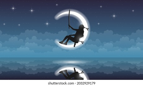 Abstract Dark Background Ninja Warrior Moon Person Silhouette Water Clouds Stars Sky People Night Vector Design Style