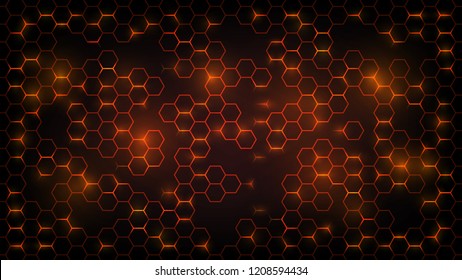 Abstract dark background with orange luminous hexagons, honeycombs