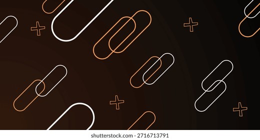 Abstract dark background with orange and white interlocking link shapes and plus signs, featuring a modern geometric pattern for technology, networking, or connection concepts.