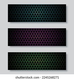 Abstract dark background with purple, blue, green luminous hexagons, technology, neon