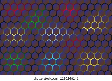 Abstract dark background with purple luminous hexagons, technology