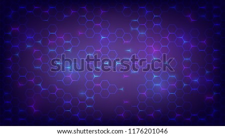 Abstract dark background with purple luminous hexagons, technology, neon