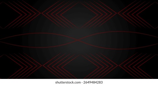 Abstract dark background with red geometric lines forming symmetrical diamond and wave patterns, creating a modern design.
