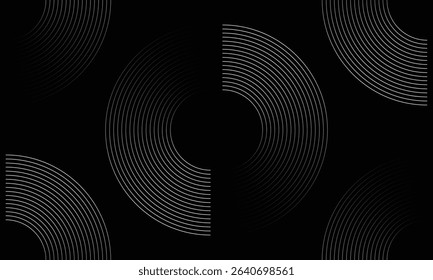 Abstract dark background with semi-circular white line arcs creating a futuristic, geometric pattern. A perfect minimal design for modern tech visuals, branding, or graphic elements.