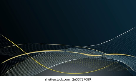 abstract dark background with shiny lines and grids of elements flowing in the space