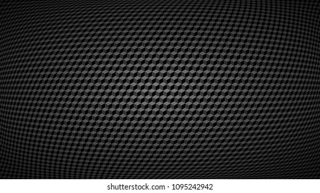 Abstract dark background of small isometric cubes in shades of black and gray colors with the fish eye effect.
