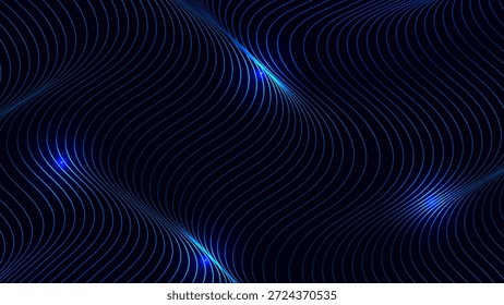 Abstract dark background with smooth blue wavy lines and glowing highlights, representing motion, energy and modern technology
