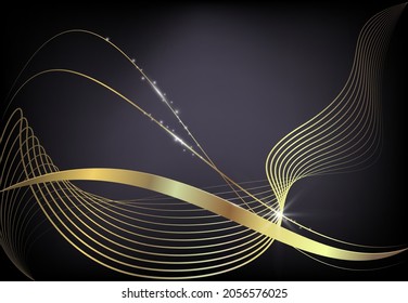 Abstract dark background with smooth golden lines. Vector illustration.