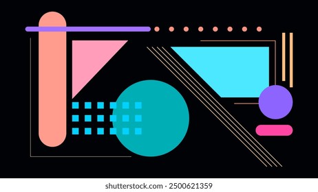 ABSTRACT DARK BACKGROUND SMOOTH LIQUID  WITH GEOMETRIC TRIANGLE CIRCLE SHAPES FLAT COLORFUL DESIGN VECTOR TEMPLATE GOOD FOR MODERN WEBSITE, WALLPAPER, COVER DESIGN 