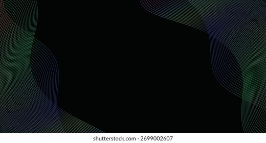 Abstract dark background with soft colorful wave lines forming smooth flowing motion. Gradient neon curves blend elegantly with black texture. Modern minimalist digital art wallpaper design.
