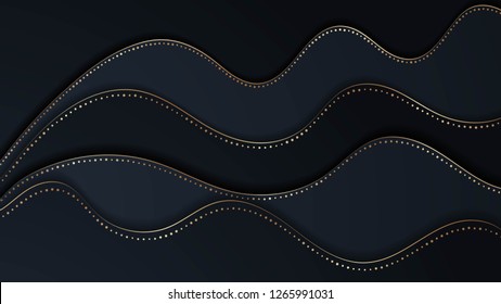 Abstract dark background with waves layers and halfton gold pattern. Realistic 3d cut paper effect. Vector illustration.