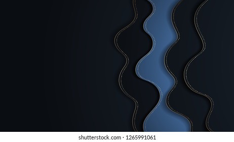 Abstract dark background with waves layers and halfton gold pattern. Realistic 3d cut paper effect. Vector illustration.