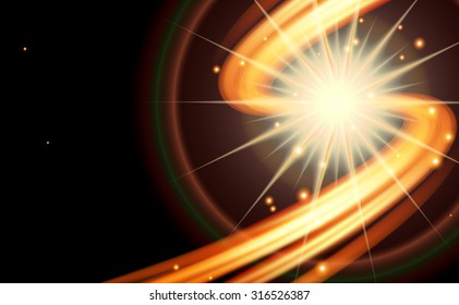 Abstract dark background-curved line of fire with stars. Vector illustration.