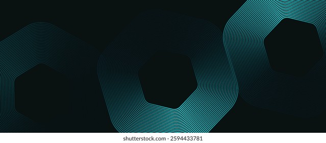 Abstract dark black background with glowing geometric lines. Modern shiny blue hexagon lines pattern. Technology futuristic concept. Suit for poster, banner, brochure, cover, flyer.