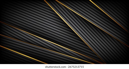 Abstrato cor preta escura fundo sobrepondo camadas decoração dourada   linhas com espaço de cópia para texto. Estilo de luxo. Ilustração vetorial