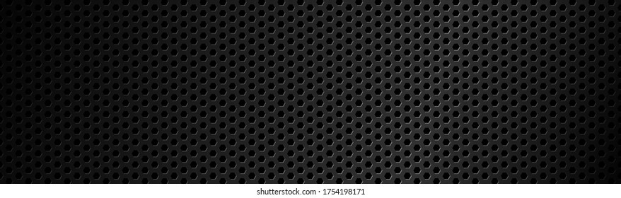 Resumen del encabezado del material de malla hexagonal geométrica oscura oscuro. Banner tecnológico con espacio en blanco para tu logotipo. Fondo de pantalla panorámica abstracto vectorial