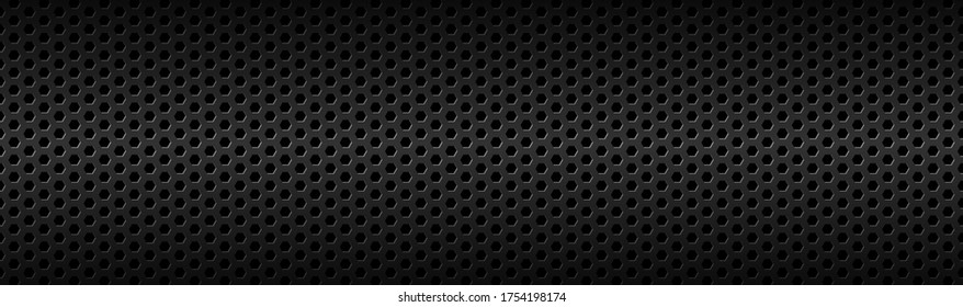 Resumen del encabezado del material de malla hexagonal geométrica oscura oscuro. Banner tecnológico con espacio en blanco para tu logotipo. Fondo de pantalla panorámica abstracto vectorial