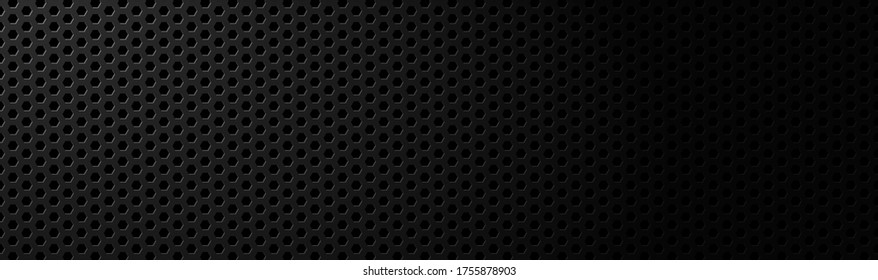 Abstract dark black geometric hexagonal mesh material header. Metallic technology banner with blank space for your logo. Vector abstract widescreen background