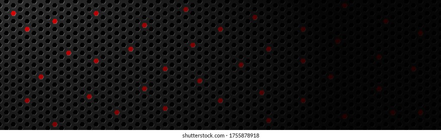 Abstract dark black geometric hexagonal mesh material header with red dots. Metallic technology banner with blank space for your logo. Vector abstract widescreen background