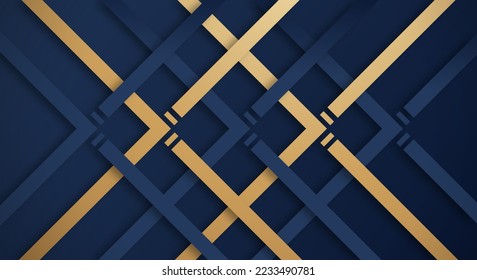 Abstract Dark Blue 3D Background with Gold and Blue Lines Paper Cut Style Textured. Usable for Decorative web layout, Poster, Banner, Corporate Brochure and Seminar Template Design