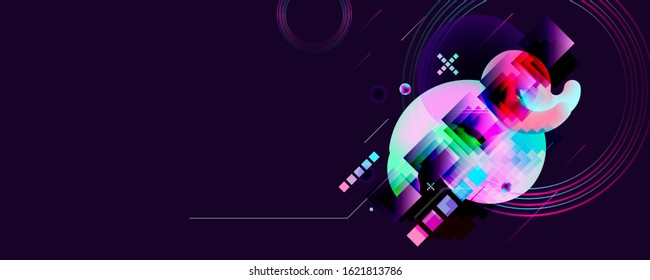 Abstract dark blue 3d neon banner in the style of a futuristic future, space with planets, balls background for a landing page