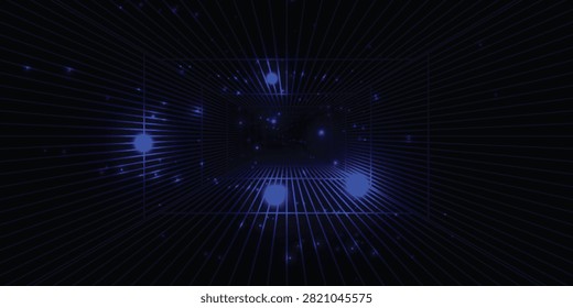 Abstract dark blue 3D perspective grid tunnel vector background with glowing blue light orbs and particle dots for futuristic technology banner or cyber space backdrop.