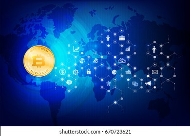 Abstract dark blue background bitcoin concept with print circuit board world map and lighting element vector illustration eps10