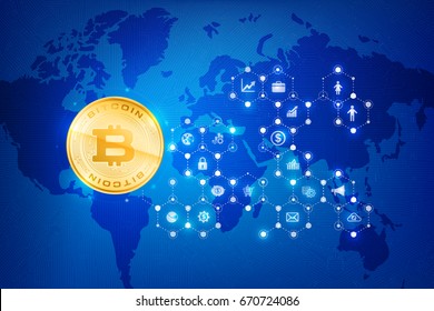 Abstract dark blue background bitcoin concept with print circuit board world map and lighting element vector illustration eps10