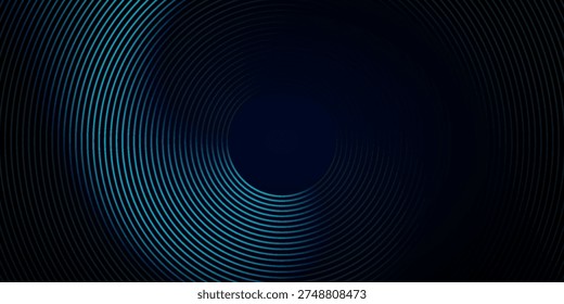 Fondo azul oscuro Abstractas con líneas de neón brillantes circulares, patrón de tecnología de anillos concéntricos, textura de onda de audio digital moderna, diseño de Vector de fondo de presentación corporativa futurista.