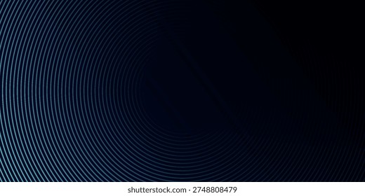 Abstract dark blue background with circular glowing neon lines, concentric rings technology pattern, modern digital audio wave texture, futuristic corporate presentation backdrop vector design.