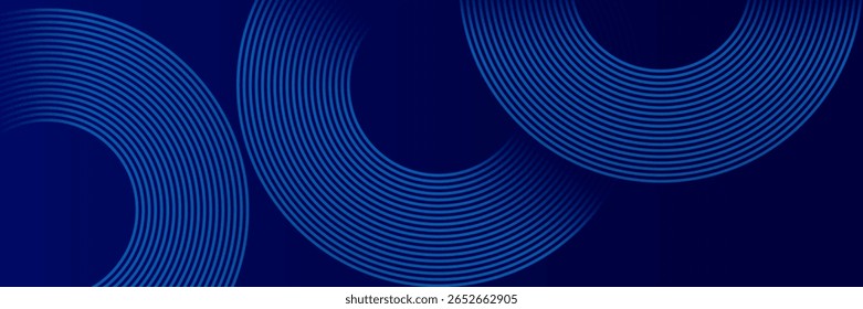 Fundo azul escuro abstrato com padrões curvos de linhas circulares. Design moderno, mínimo e inspirado na tecnologia para banners, sites ou mídia digital. Conceito de tecnologia futurista. Vetor Eps 10.
