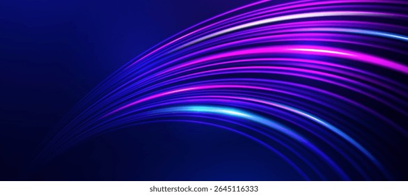 Abstract dark blue background with curving purple and blue light streaks