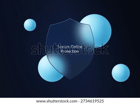 Abstract dark blue background dedicated to security issues, featuring a translucent glass shield and floating gradient spheres. Designed for cybersecurity, data protection, and online safety concepts.