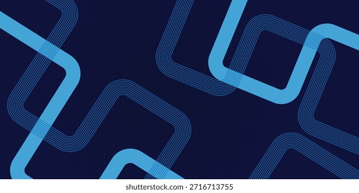 Abstraktes Design mit dunkelblauem Hintergrund, gewellten, zyanisch-geometrischen Linien und Halbtonpunktmuster.