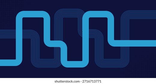 Abstraktes Design mit dunkelblauem Hintergrund, gewellten, zyanisch-geometrischen Linien und Halbtonpunktmuster.