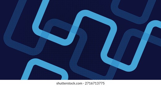 Abstraktes Design mit dunkelblauem Hintergrund, gewellten, zyanisch-geometrischen Linien und Halbtonpunktmuster.
