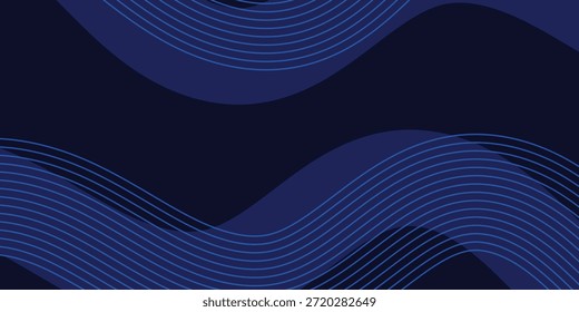 Abstract dark blue background with elegant blue wave lines and fluid geometric shapes, featuring a modern futuristic aesthetic for corporate banners and digital posters.