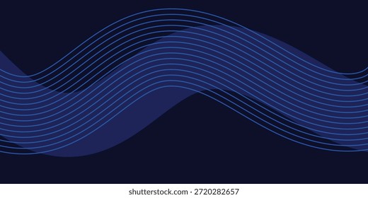 Abstract dark blue background with elegant blue wave lines and fluid geometric shapes, featuring a modern futuristic aesthetic for corporate banners and digital posters.