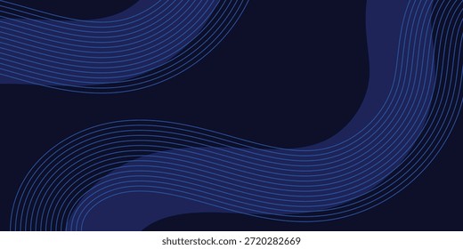 Abstract dark blue background with elegant blue wave lines and fluid geometric shapes, featuring a modern futuristic aesthetic for corporate banners and digital posters.