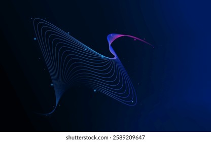 Abstract dark blue background features curved wave lines with a purple to blue gradient and glowing particles