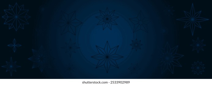 Fundo azul escuro abstrato com padrões geométricos de estrelas, criando um design decorativo sutil e moderno. Cartão comemorativo de Natal, Feriado, Ano Novo, noite festiva, decoração, banner, cartão postal