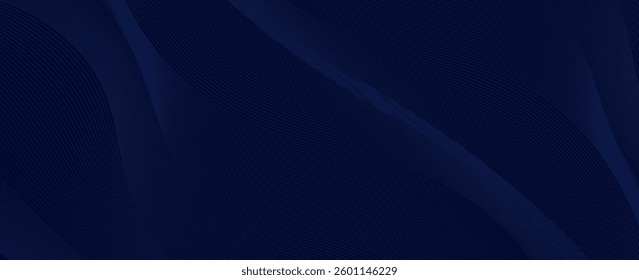 Abstract dark blue background featuring smooth flowing curves with fine textured lines. A sleek and professional design ideal for technology, corporate, and digital applications. EPS 