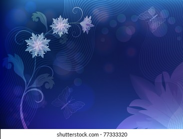 Abstract dark blue background with flowers and butterflies.