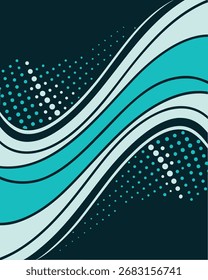 Abstract dark blue background with flowing teal and light blue wavy stripes and scattered dots.