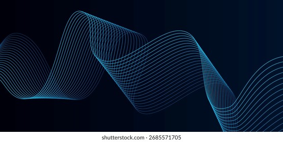 Abstract dark blue background with flowing digital wave made of glowing lines, modern futuristic design for technology, data, or science concepts.

