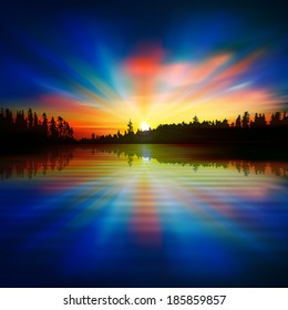 abstract dark blue background with forest lake and sunset
