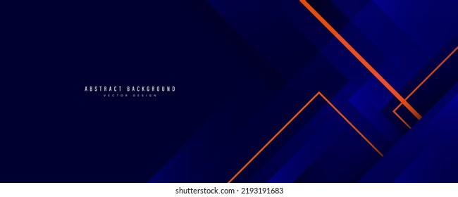 Abstract dark blue background with blue geometric shapes and orange lines. Geometric square overlap layer. Modern futuristic banner template design with copy space for text. Vector illustration